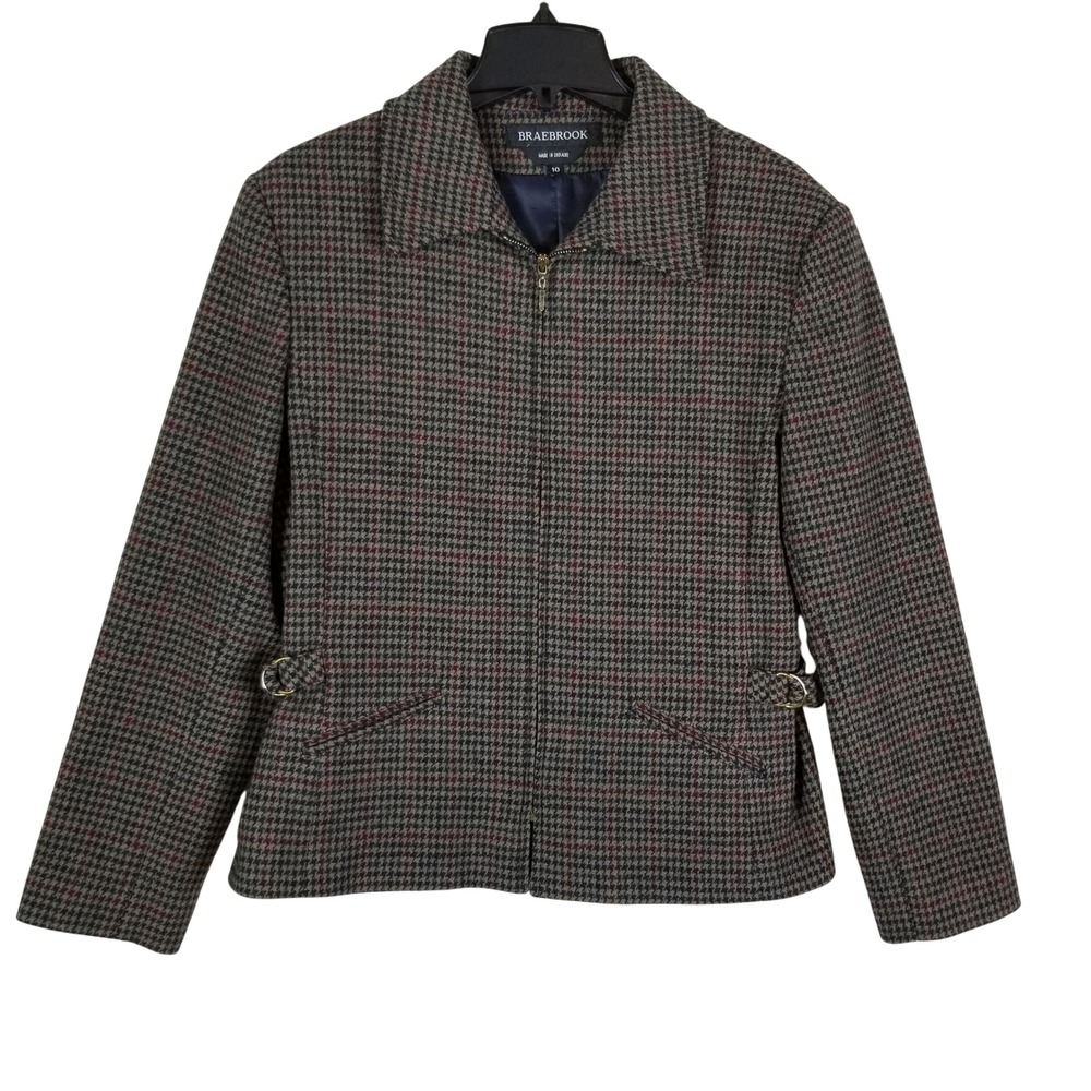 Braebrook Wool Houndstooth Jacket Women 10 Brown Multi Zip Plaid Blazer Vintage